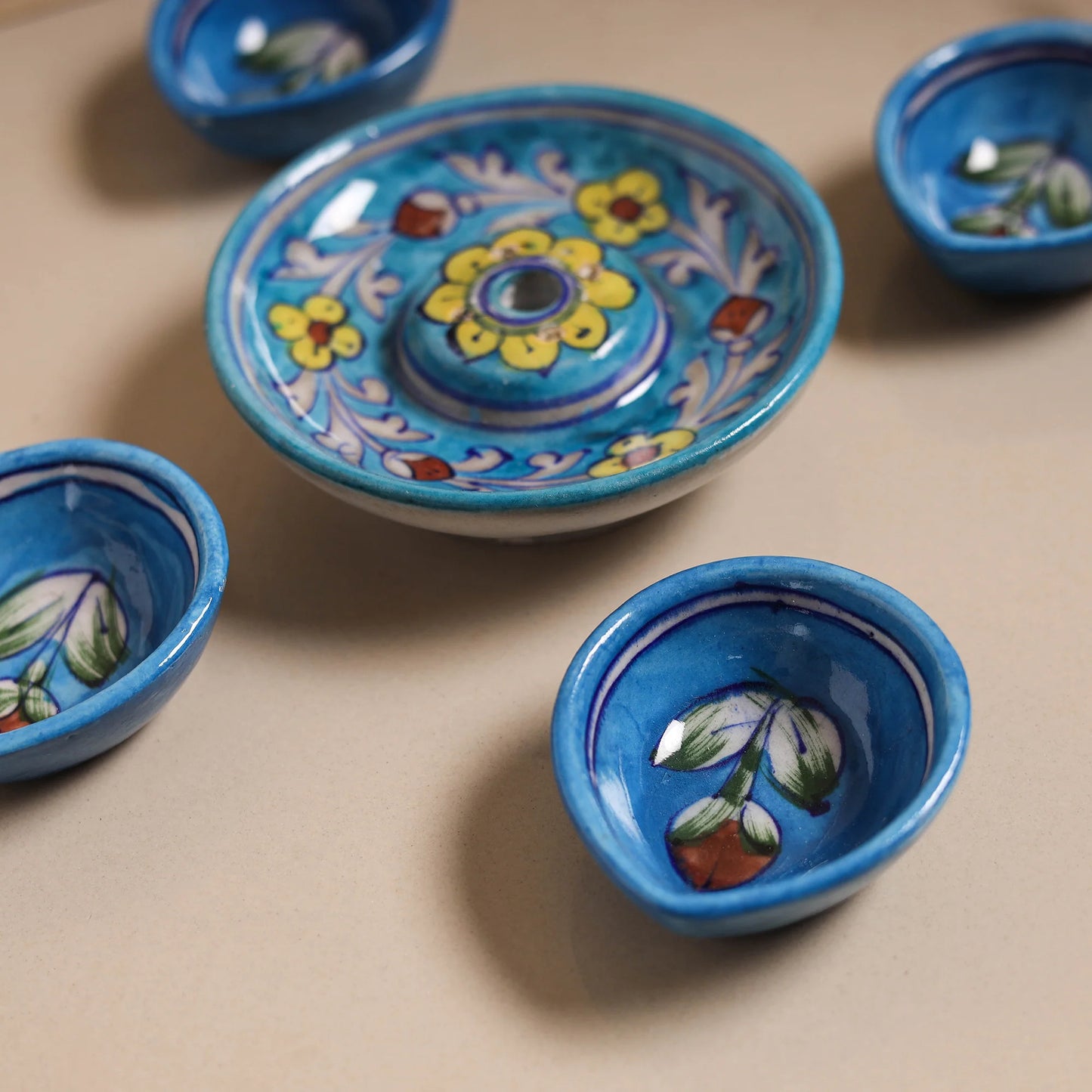 Blue Pottery Ceramic Diya with Agarbatti Stand Set