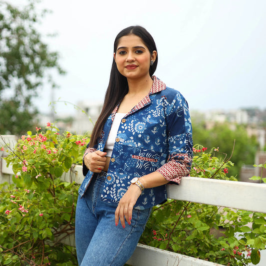 Patchwork Blue Bagru Print Women’s Cotton Jacket