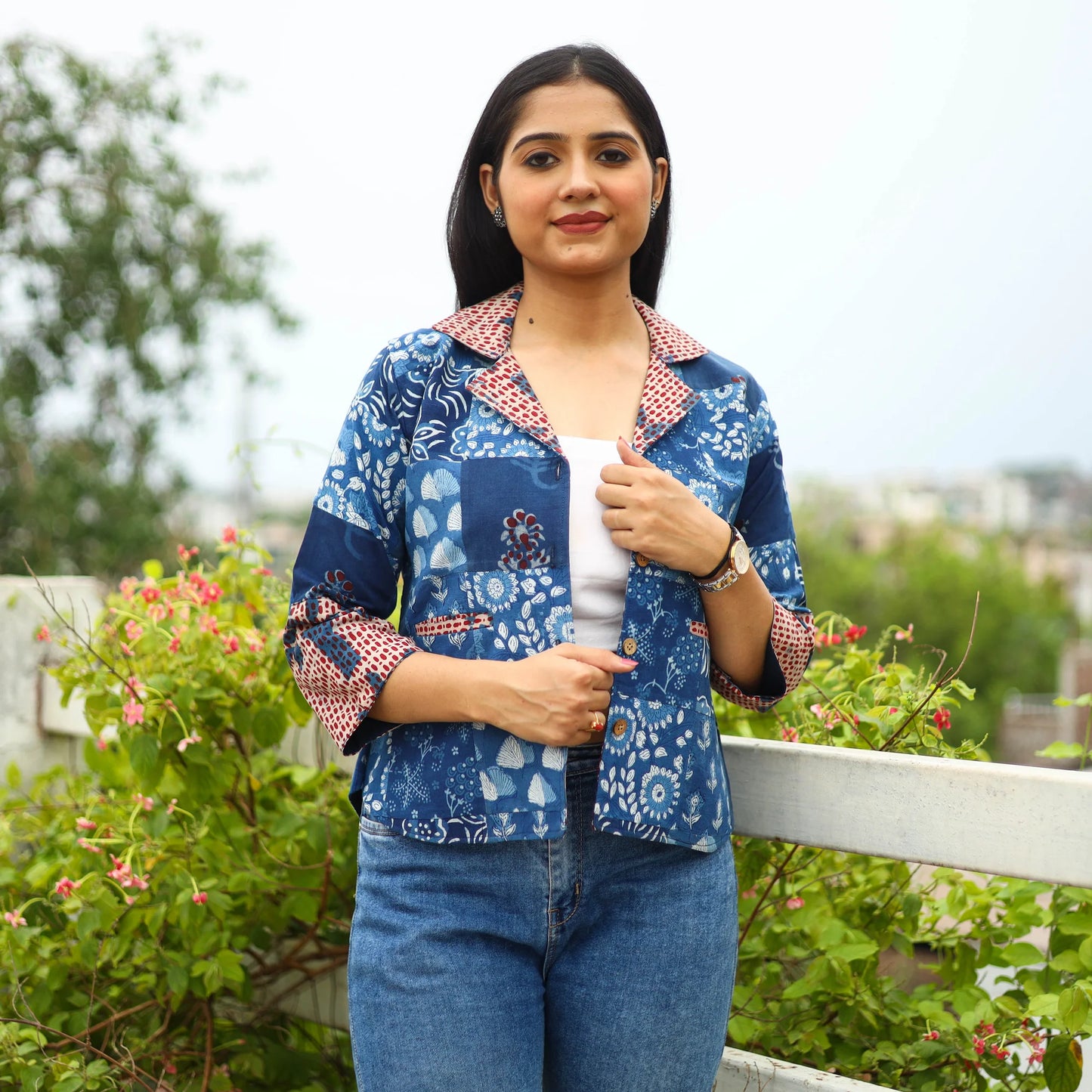 Patchwork Blue Bagru Print Women’s Cotton Jacket