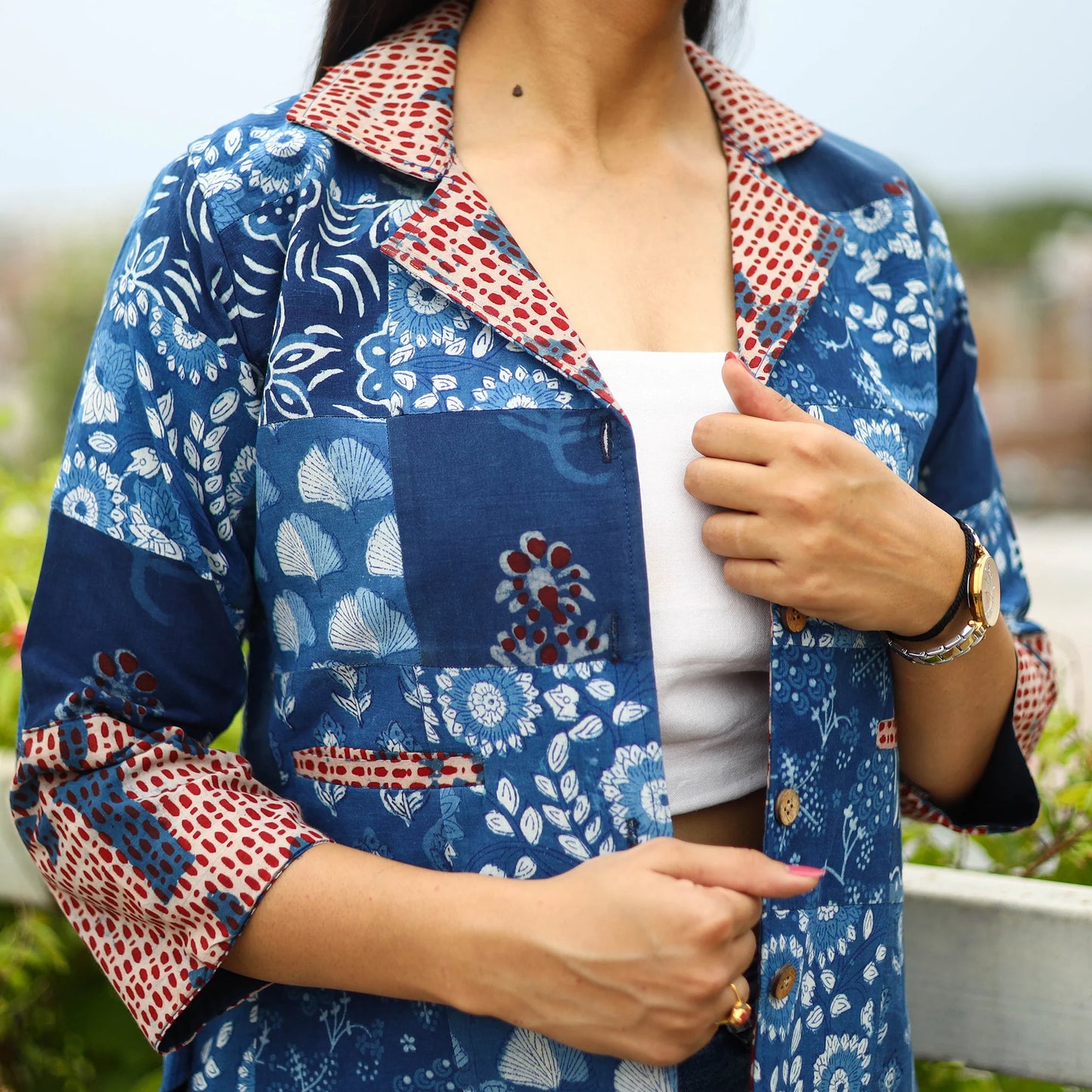 Patchwork Blue Bagru Print Women’s Cotton Jacket