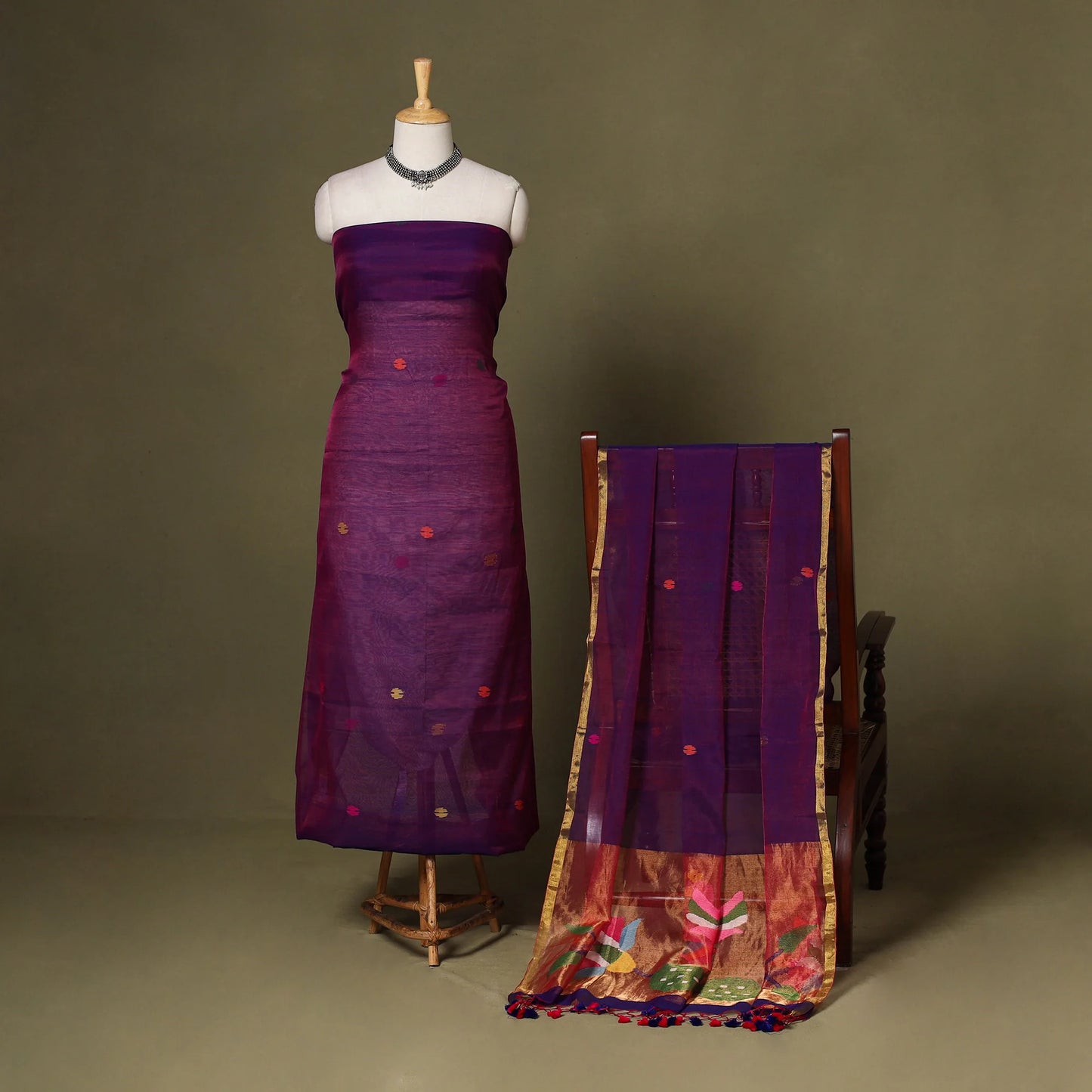 Purple Phulia Jamdani Handloom Mulberry Silk Dress Material – 2 Piece Set