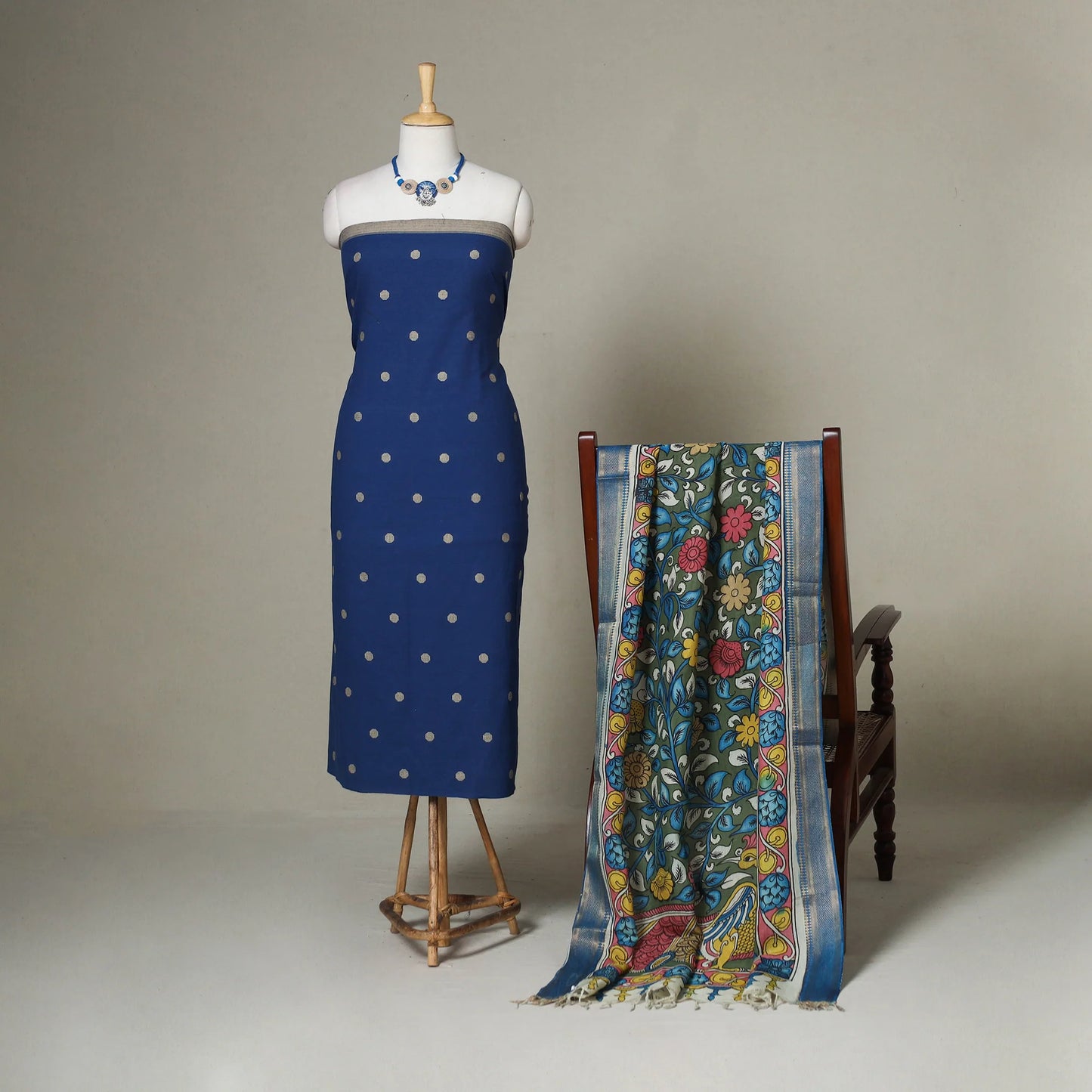 Blue 2-Piece Jacquard Cotton Dress Material Set with Hand-Painted Pen Kalamkari Dupatta & Jewelry