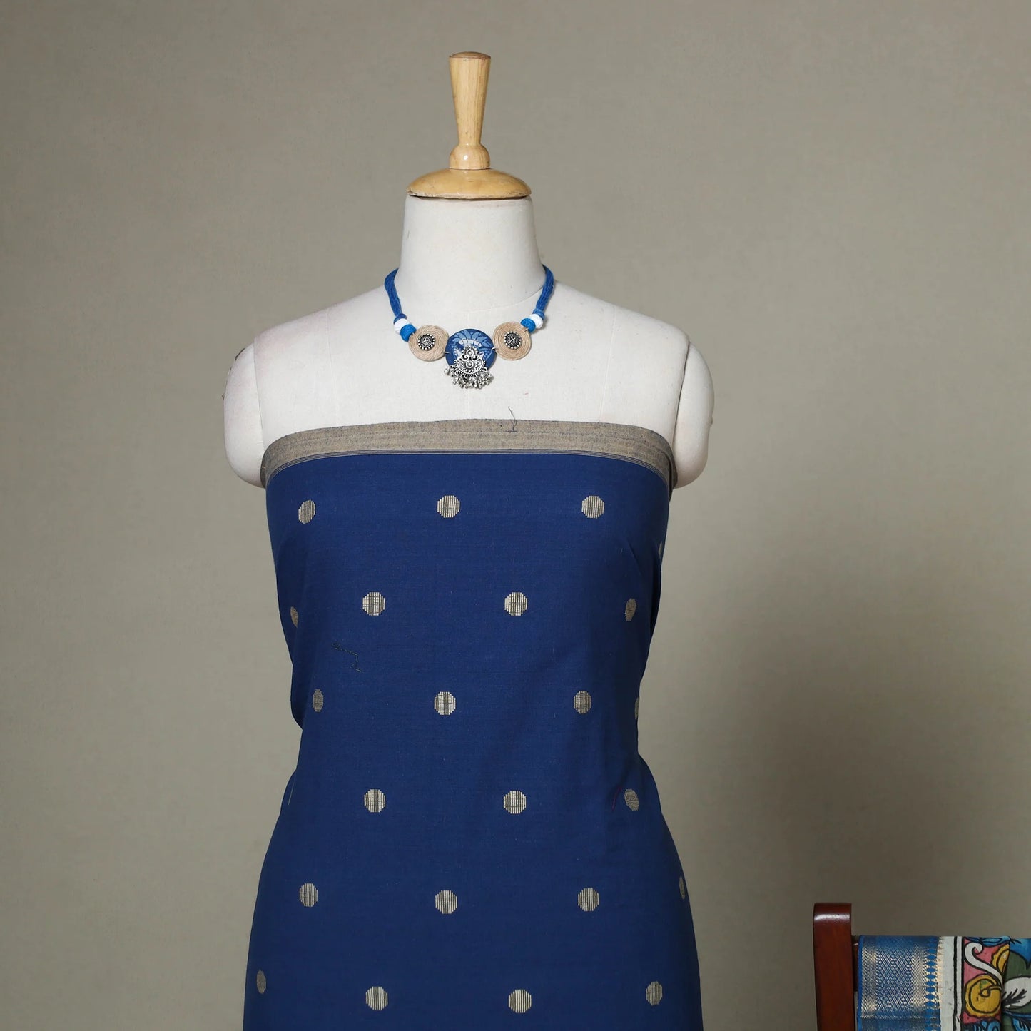 Blue 2-Piece Jacquard Cotton Dress Material Set with Hand-Painted Pen Kalamkari Dupatta & Jewelry