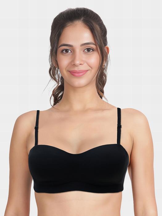 Shyaway model wearing black balconette bra with adjustable straps and smooth seamless cups for everyday comfort