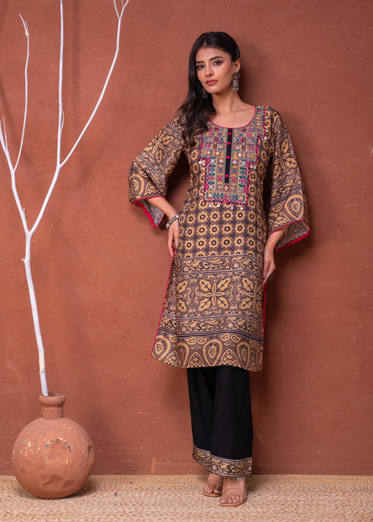 Juniper mustard embroidered kurta pant set with multicolor embroidered yoke and black straight pants