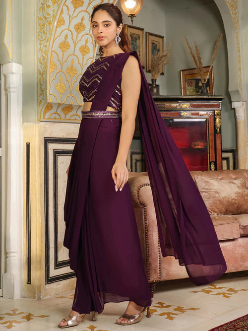 Plumvera model wearing purple sequined ready to wear saree with embellished blouse and flowing drape