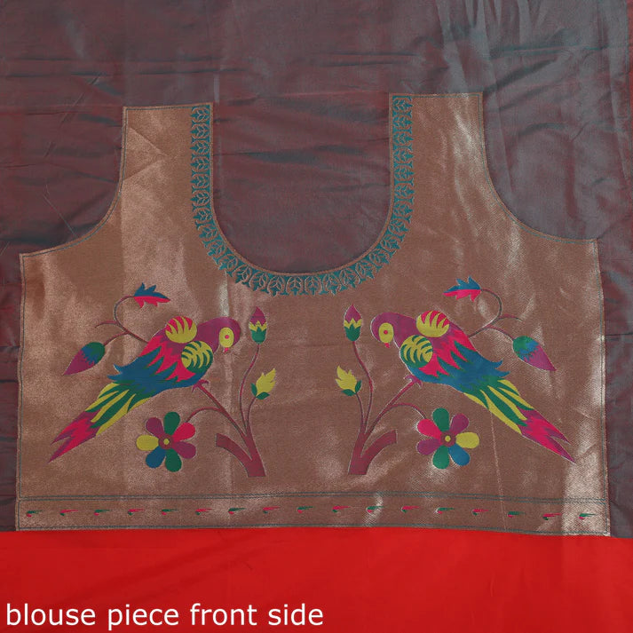 red pure silk paithani saree blouse piece front with bronze sheen and multicolor parrot embroidery