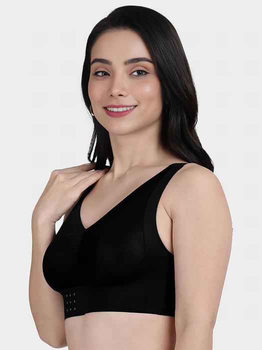 Shyaway model wearing black front hook seamless bra with wide straps wireless support for everyday comfort