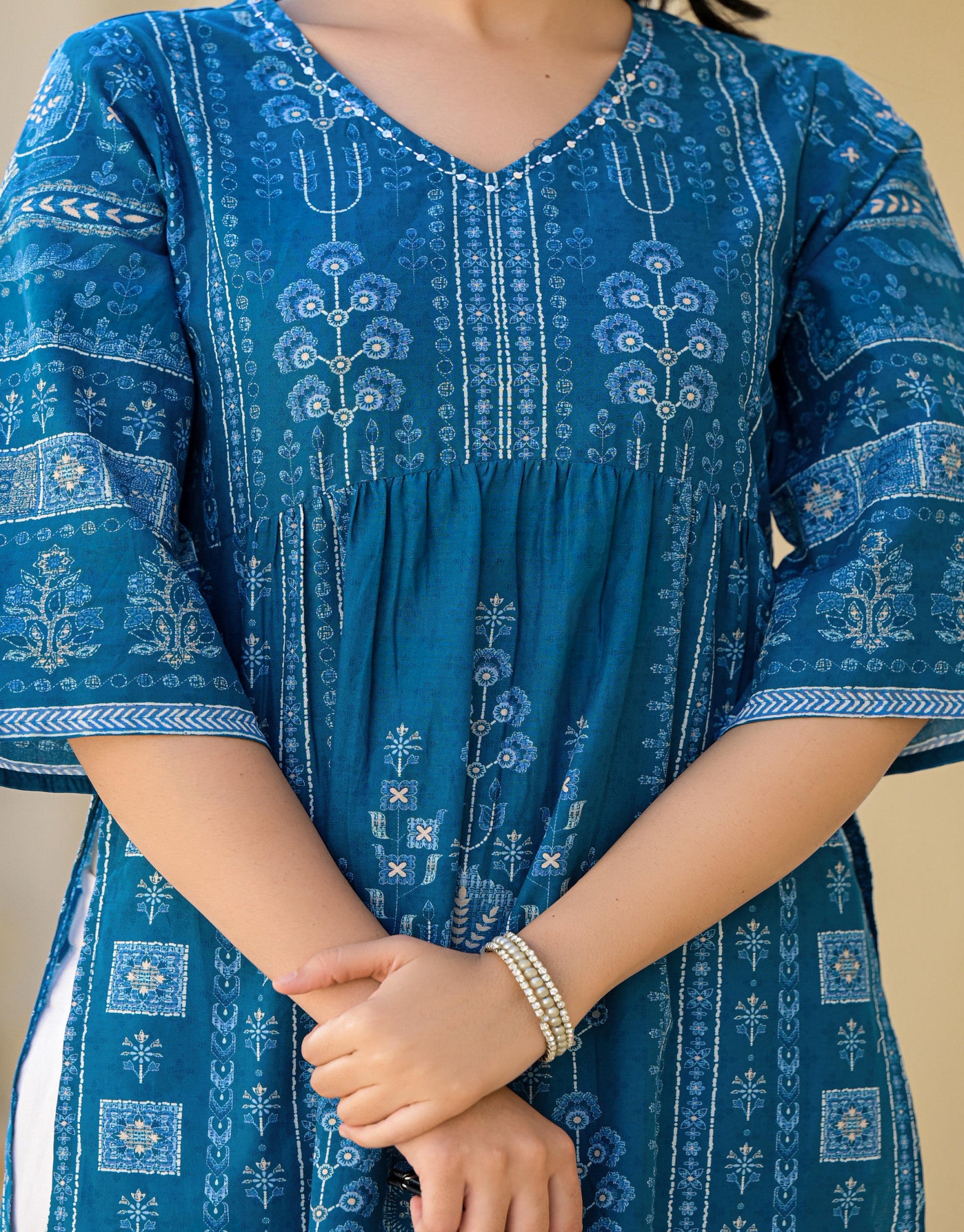 Juniper indigo cotton kurta for women with V neck three quarter sleeves floral block print