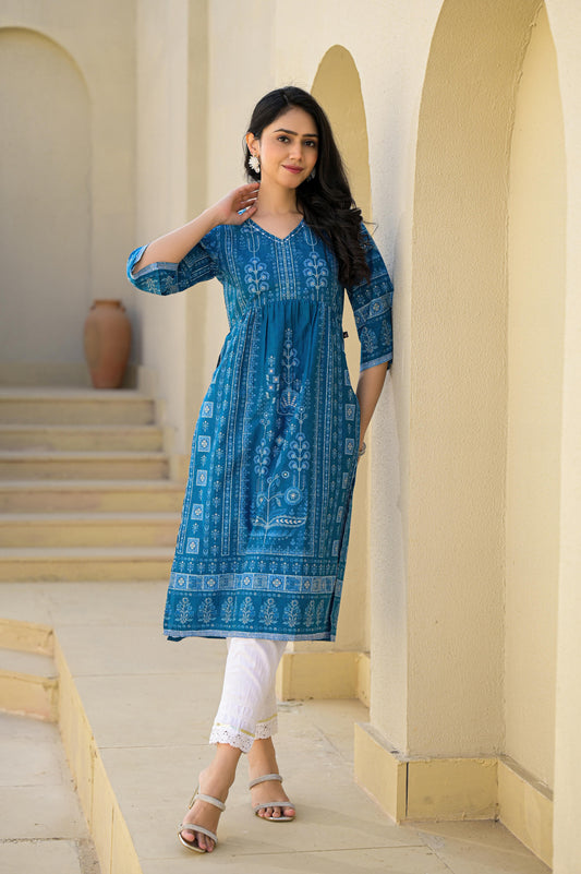 Juniper indigo cotton kurta for women with floral block print three quarter sleeves and relaxed fit