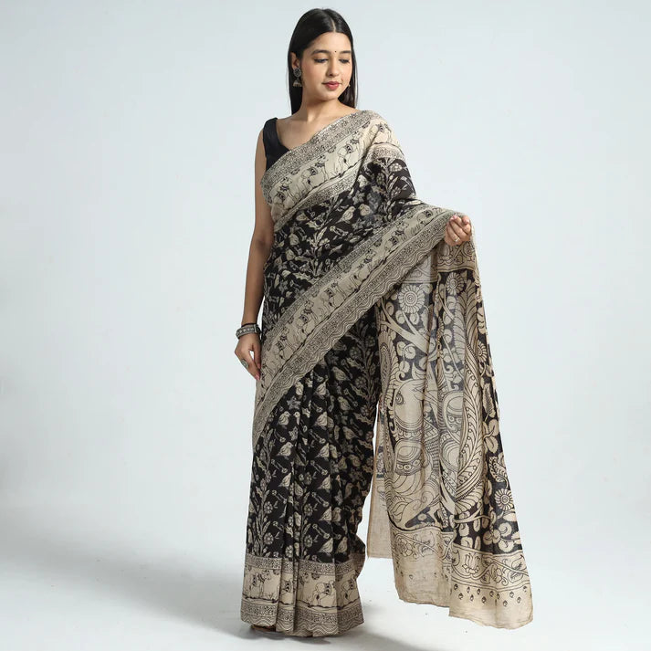 Plumvera black kalamkari cotton saree with intricate cream floral paisley print draped on model
