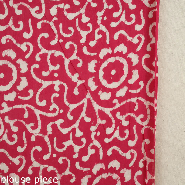 Plumvera pink batik cotton saree close up showing white batik motifs on lightweight cotton blouse piece