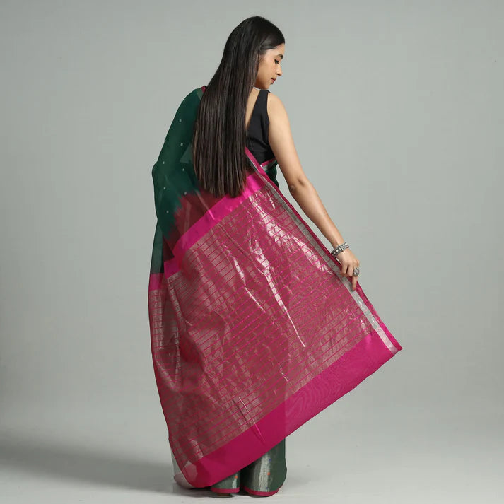 Plumvera Venkatagiri silk cotton saree green and magenta with gold zari checked pallu back view on model