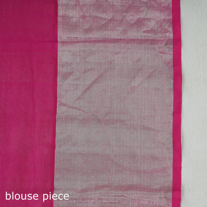 Plumvera Venkatagiri silk cotton saree pink blouse piece with silver zari woven border and plain body