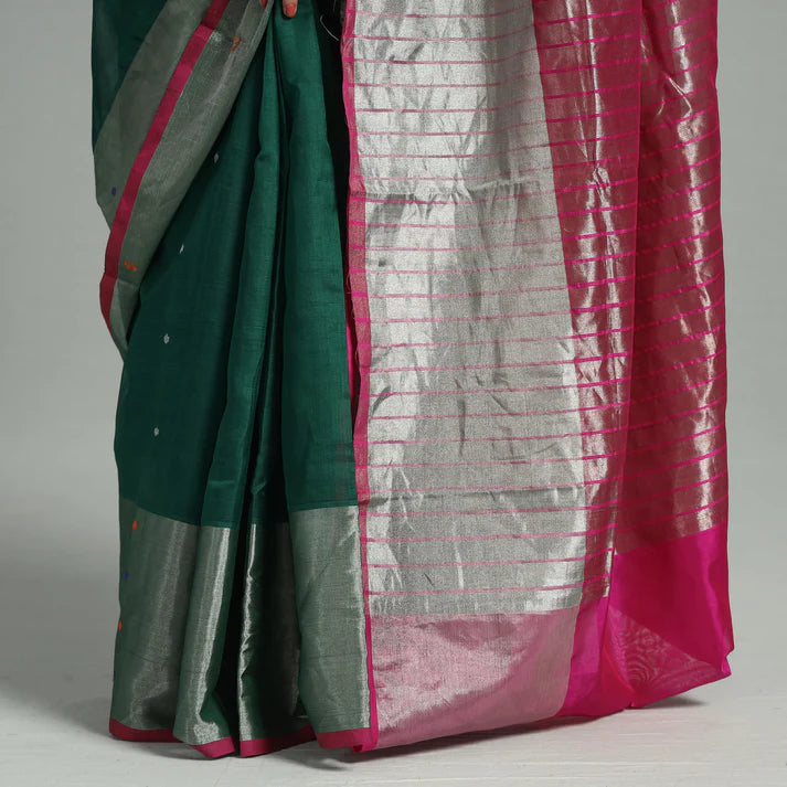 Plumvera Venkatagiri silk cotton saree deep green body with silver zari border and pink pallu with silver stripes