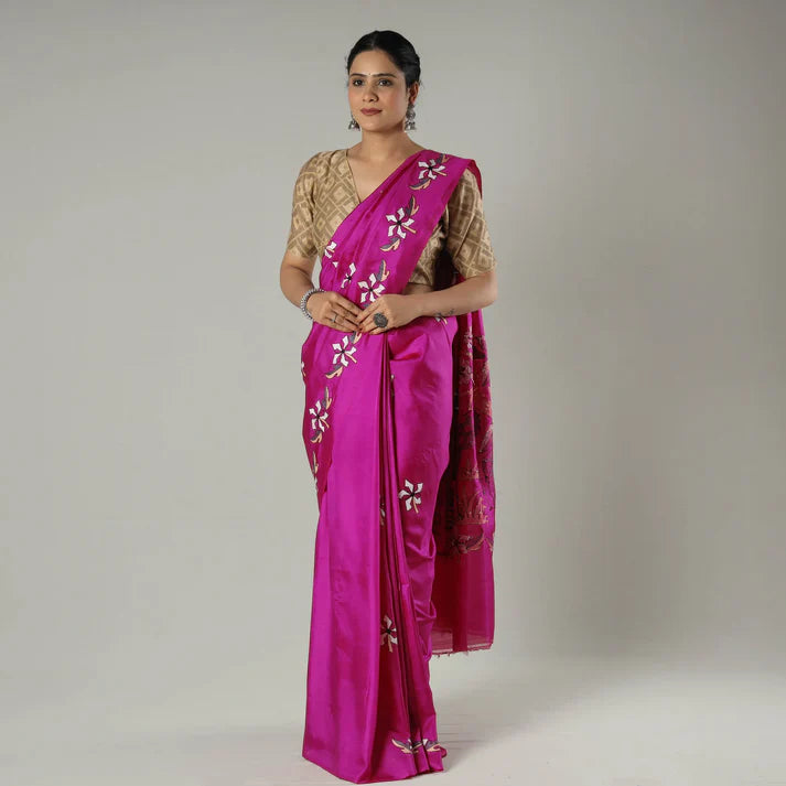 Bengal Kantha embroidery silk saree bright magenta silk with white floral embroidery, gold blouse, full drape on model