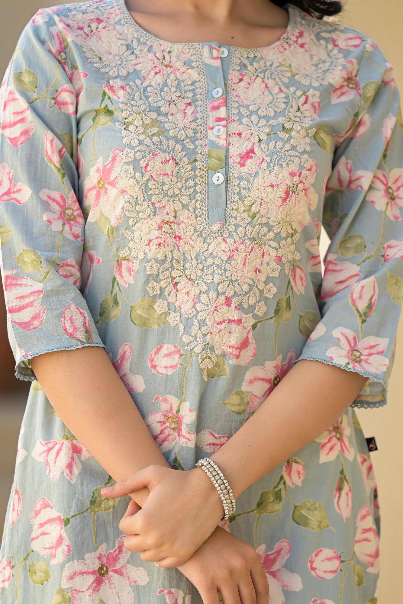 Juniper green floral cotton kurta with pink rose print embroidered yoke and three quarter sleeves
